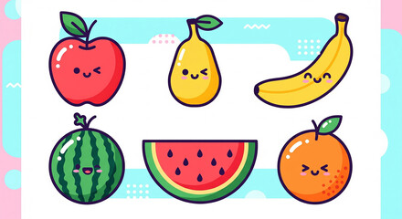 “Colorful playful icon set of fresh fruits such as apple, banana, watermelon, and orange in flat cartoon style with bold outlines, bright pastel background”