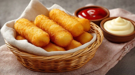Deep fried cheese sticks in a basket next to a small bowl of ketchup and mayonnaise on the table