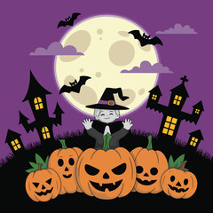 Fototapeta premium Halloween scene with ghost, pumpkins, bats, and haunted houses under moon jack o lantern
