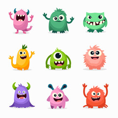 Monster icon set line. Happy Halloween. Cute cartoon kawaii colorful scary funny character. Eyes, tongue, hands up. Baby collection. Sticker print. Childish style. Flat design. White background Vector
