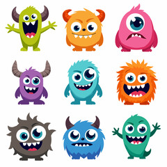 Monster icon set. Happy Halloween. Cute cartoon kawaii colorful scary funny character. Eyes, tongue, hands up. Baby collection. Childish style. Sticker print. Flat design. Black background Vector