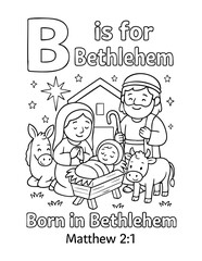 letter b with bethlehem nativity scene mary joseph baby jesus in manger with animals and star concept of christian coloring page vector illustration educational alphabet design for kids