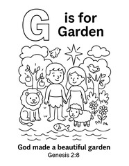 letter g with garden of eden adam and eve animals and trees genesis 2 8 concept of christian coloring page vector illustration educational alphabet design for kids sunday school learning