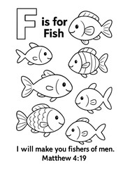 letter f with fish bible verse i will make you fishers of men matthew 4 19 concept of christian coloring page vector illustration educational alphabet design for sunday school learning