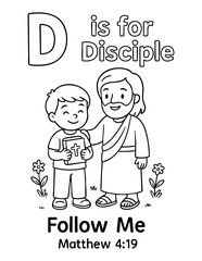 letter d with jesus and disciple holding bible follow me verse matthew 4 19 concept of christian coloring page vector illustration educational alphabet design for sunday school learning