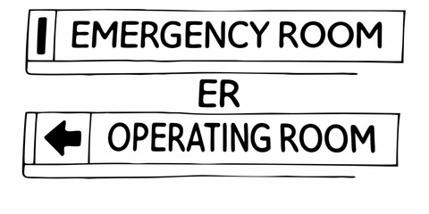 Illustration of emergency room sign above er and operating room sign with arrow pointing left direction on transparent background