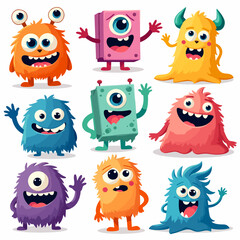 Funny cartoon monster set with cute animal faces and playful expressions