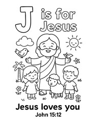 letter j with jesus children lamb bird sun john 15 12 jesus loves you concept of christian coloring page vector illustration educational alphabet design for sunday school and bible learning