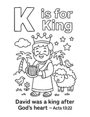 letter k with king david crown harp sheep acts 13 22 david was a king after god heart concept of christian coloring page vector illustration educational bible alphabet sunday school activity