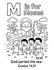 letter m with moses parting sea exodus 14 21 god parted the sea concept of christian coloring page vector illustration bible alphabet sunday school activity story of faith and miracle for children