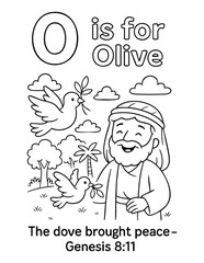 letter o with olive branch dove genesis 8 11 the dove brought peace concept of christian coloring page vector illustration bible alphabet sunday school activity faith scripture learning for children