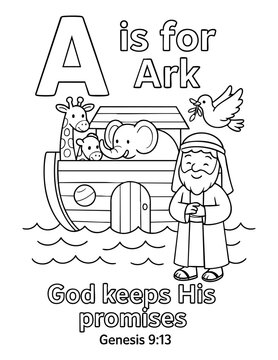 letter a with noah ark animals and dove bible scene for kids concept of christian coloring page vector illustration educational alphabet design for sunday school and scripture learning