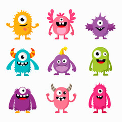 Fototapeta premium Cute cartoon monster characters in a colorful vector set