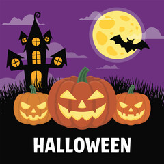 Halloween haunted house with pumpkins and bat flying by moon spooky night
