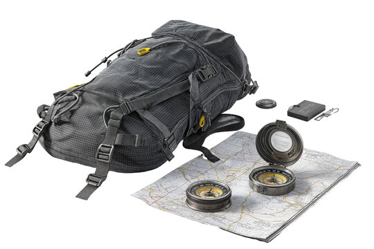 Essential gear for adventurous hiking with backpack and navigation tools for outdoor exploration on transparent background