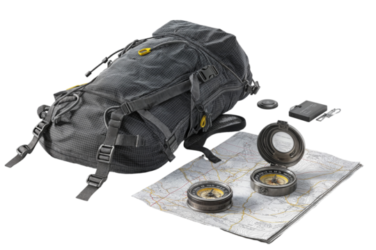 Essential gear for adventurous hiking with backpack and navigation tools for outdoor exploration on transparent background - Powered by Adobe