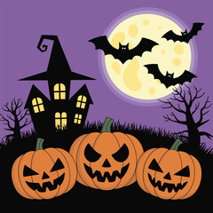 Spooky Halloween scene with jack-o-lanterns haunted house and bats pumpkin
