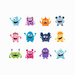 Cute cartoon colorful monsters set. Mosters with different emotions collection, vector illustration. Vector illustration on dark background