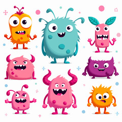 Naklejka premium Cute cartoon colorful monsters set. Mosters with different emotions collection, vector illustration. Vector illustration on dark background