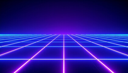 A glowing digital grid stretching into infinity, with sharp neon lines forming geometric patterns across a dark reflective surface.