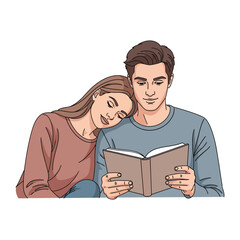 Couple Reading Book Together: A loving couple sharing a tranquil moment, the man engrossed in a book, while the woman rests her head upon his shoulder.