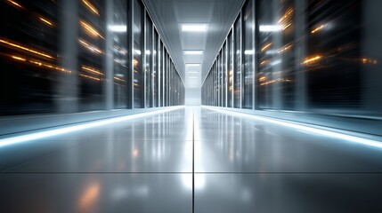 Obraz premium Server room corridor with glowing lights and reflective floor