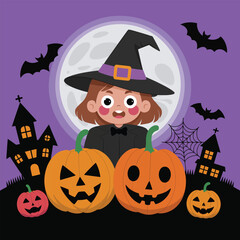 Witch With Pumpkins And Haunted Houses Under A Full Moon halloween jack o lantern