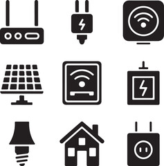 Smart Home & Electrical Solid Vector Icons Wi-Fi Router, Smart Plug, Energy Meter, Solar Panel, Light Switch, House, Power Adapter