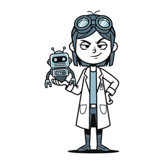 Digital Inventor and creation: A creative illustration, a visionary inventor stands proudly, cradling the miniature robot, showcasing the dawn of technological marvel and innovation. 
