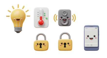 Cute 3D smart home and security icons, featuring a glowing light bulb, a thermometer, a speaker, padlocks, and a smartphone with faces for a technology and automation theme