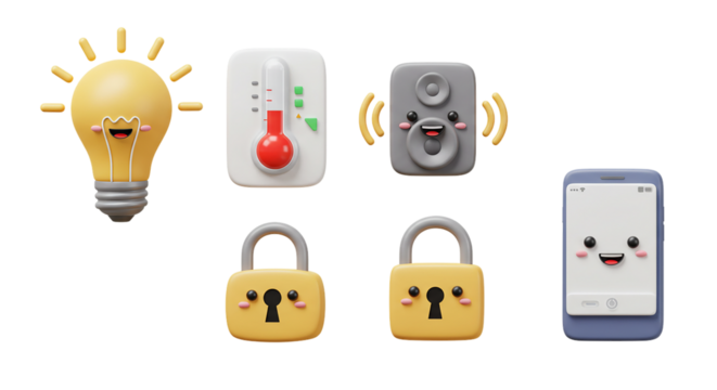 Cute 3D smart home and security icons, featuring a glowing light bulb, a thermometer, a speaker, padlocks, and a smartphone with faces for a technology and automation theme