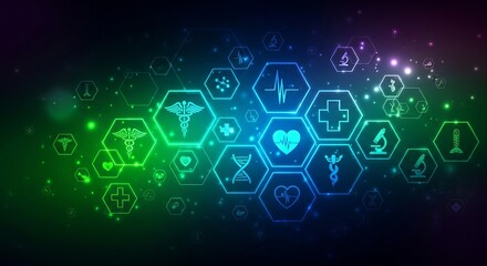 Abstract medical background with glowing hexagon icons and futuristic design