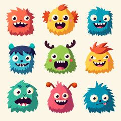 Obraz premium Monster super big icon set. Stickers with scary or funny characters for Halloween. Cute smiling head with sharp teeth, fangs and horns. Cartoon flat vector collection isolated on white background