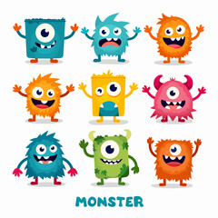 Monster super big icon set. Stickers with scary or funny characters for Halloween. Cute smiling head with sharp teeth, fangs and horns. Cartoon flat vector collection isolated on white background