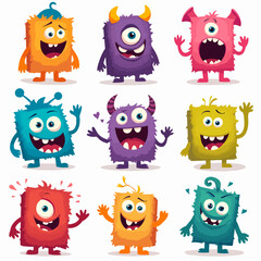Monster super big icon set. Stickers with scary or funny characters for Halloween. Cute smiling head with sharp teeth, fangs and horns. Cartoon flat vector collection isolated on white background