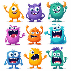 Cartoon monster characters. Halloween funny monsters, cute fluffy alien mascots, silly gremlin monsters, spooky creatures vector illustration set. Spooky monster smile, character halloween scary