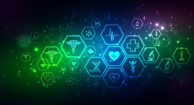 Abstract medical background with glowing hexagon icons and futuristic design - Powered by Adobe