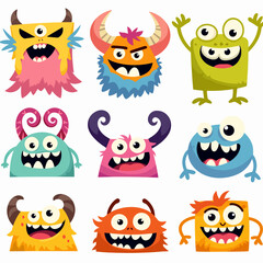Cute friendly monsters baby characters set. Colorful aliens with funny faces cartoon vector illustration