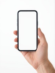 Hand holding blank smartphone minimalist setting digital mockup modern environment close-up view technology concept