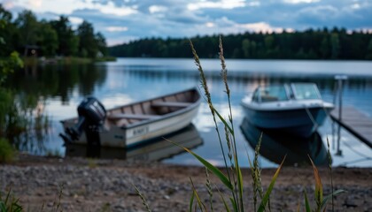 Fototapeta premium Boating adventure on serene lake nature photography calm environment close-up viewpoint