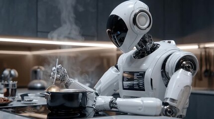 Robot chef prepares a meal in a modern kitchen, showcasing advanced culinary skills and technology