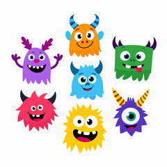 Cute colorful cartoon monsters with one eye, three eyes, horns, tentacles, funny expressions