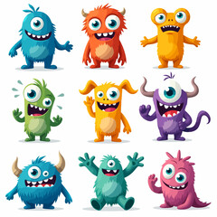 Cute colorful cartoon monsters with one eye, three eyes, horns, tentacles, funny expressions