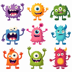 Obraz premium Cute colorful cartoon monsters with one eye, three eyes, horns, tentacles, funny expressions