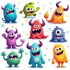 Cute colorful cartoon monsters with one eye, three eyes, horns, tentacles, funny expressions, isolated characters set for kids, games, Halloween, vector illustration
