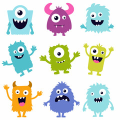 Funny monsters facial expression constructor flat color vector icon set. Weird creatures grimaces illustration pack on grey background