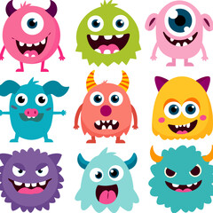 Big set of cartoon monsters. Cute monsters. Kids funny character design for posters, cards., magazins. Vector illustration
