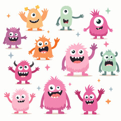 Big set of cartoon monsters. Cute monsters. Kids funny character design for posters, cards., magazins. Vector illustration