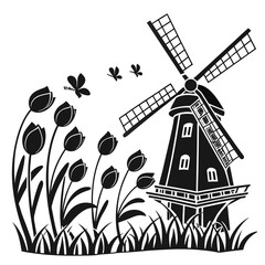 Windmill with tulip border silhouette