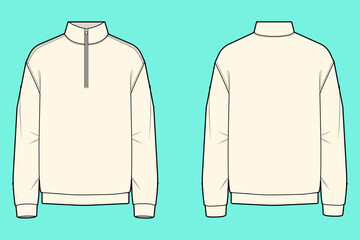 Men's High Neck Half Zipped Sweatshirt Fashion Flat Sketch Template Outline.  © MdAmirul
